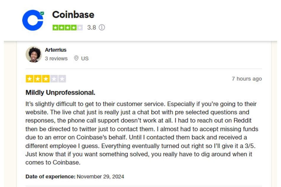 Coinbase Customer Support rating